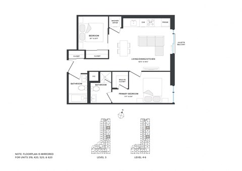 Floor plan for 2 beds, 2 baths, 657 sqft